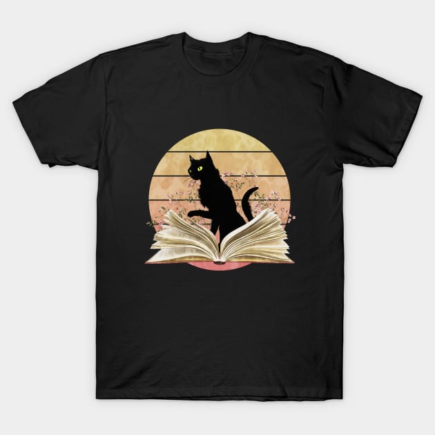 Cute Cat reading a book, watercolor sunset style, flowers growing from book, cats and books lovers lover T-Shirt by Collagedream